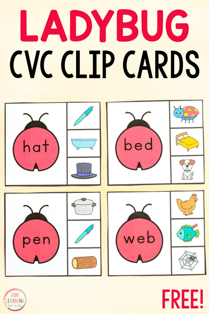 Get these free printable ladybug CVC clip cards for hands-on practice with blending sounds and reading CVC words this spring.