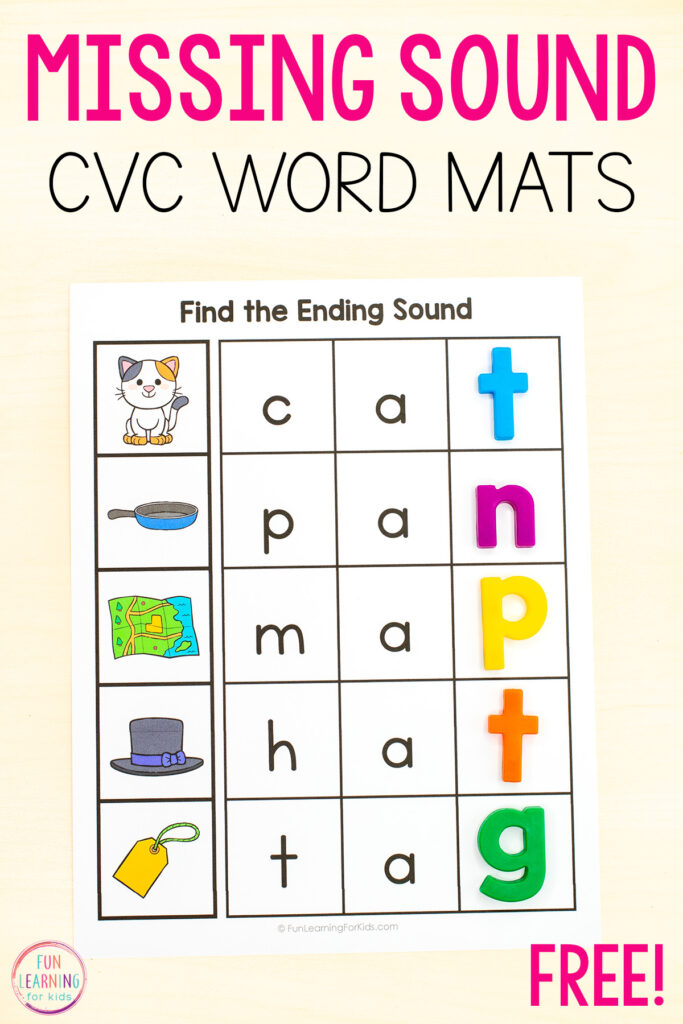 Missing ending sound CVC word mats  for practice with segmenting phonemes, isolating phonemes while building phonemic awareness and phonics skills.