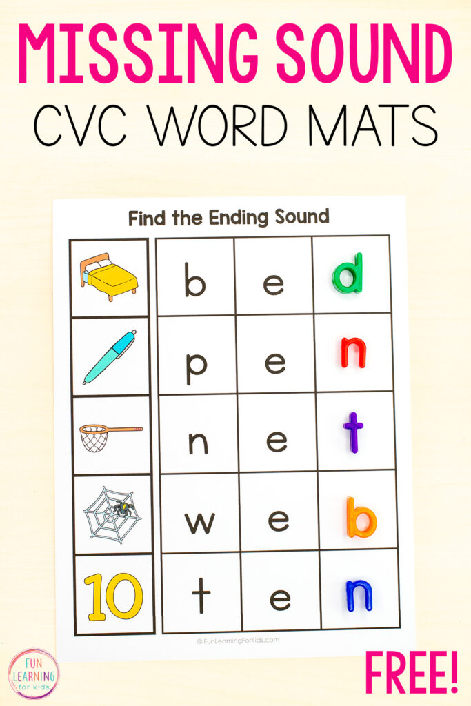 Free printable CVC missing letter word mats for learning to read and spell CVC words.