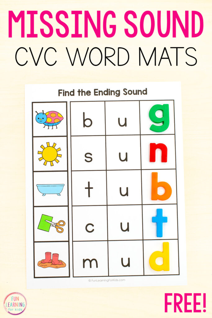 CVC missing letter phonics activity for learning to segment phonemes, isolate phonemes and blend phonemes while building phonics skills.