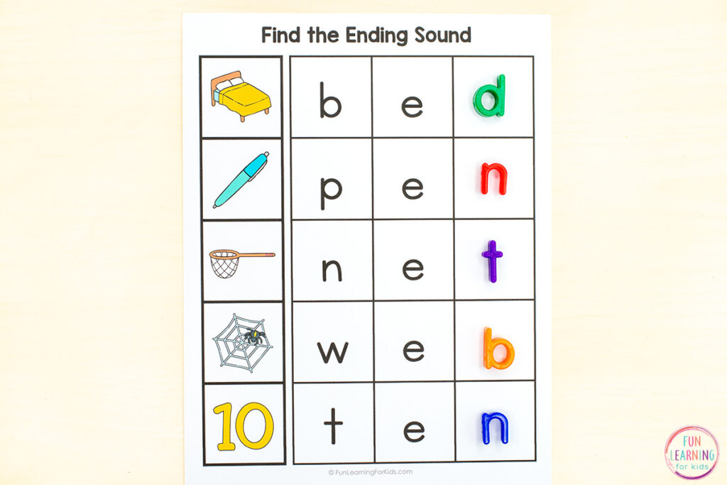 Missing final letter CVC word work mats for finding the missing final sound and adding the letter that makes that sound.