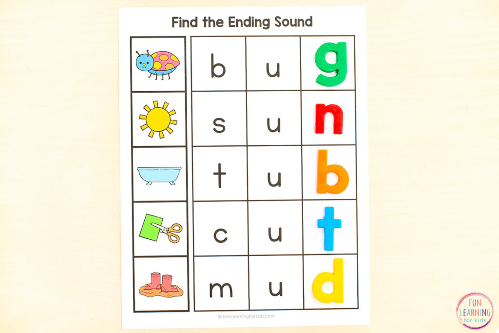 Free find the ending sound CVC phonemic awareness activity.