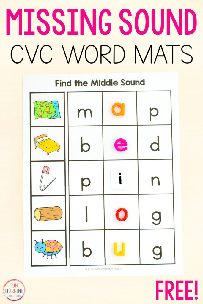 Missing middle sound CVC word mats for practice with phonemic awareness and phonics skills.