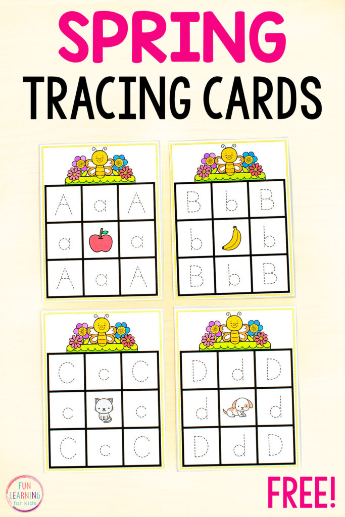 Free printable spring letter tracing task cards for practice with writing alphabet letters in preschool and kindergarten.