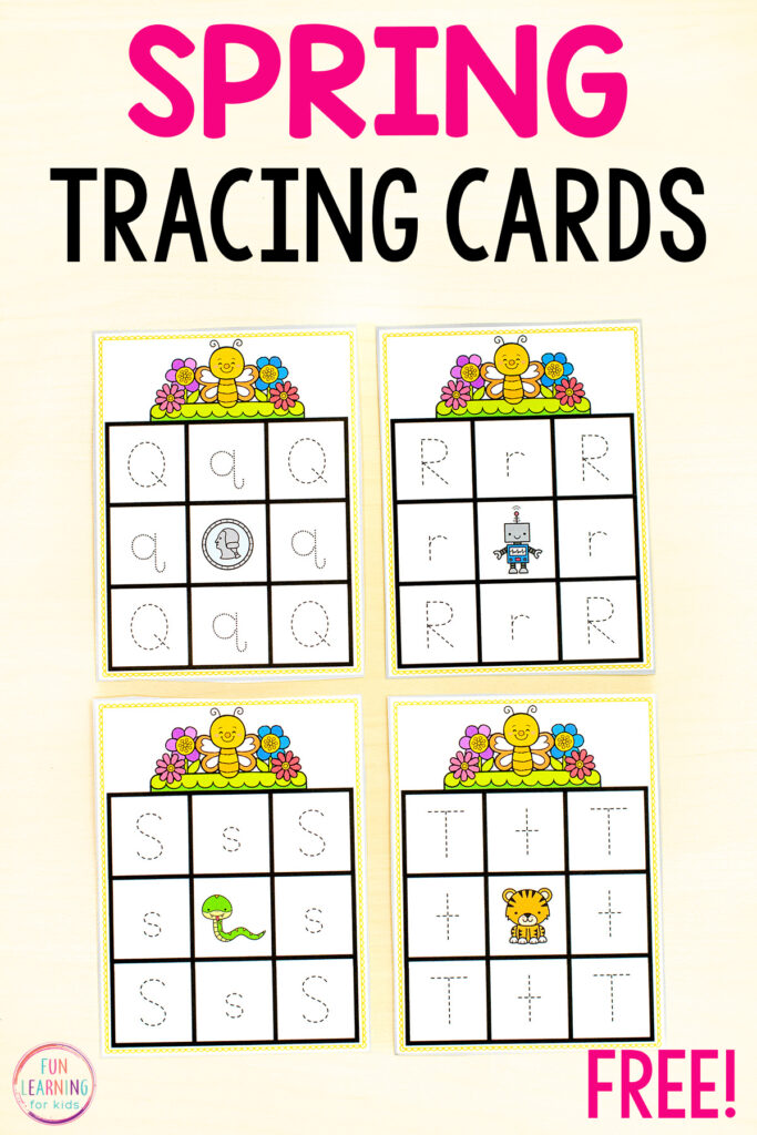 Spring theme alphabet letter tracing task cards for practice with letter formation.