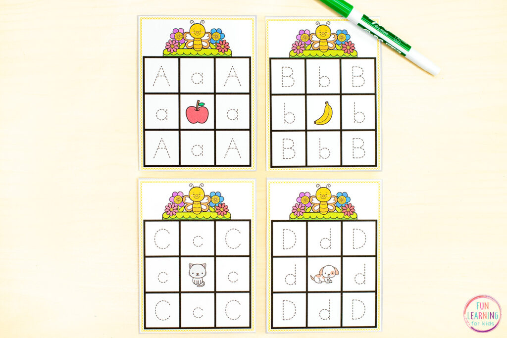 Free printable spring theme handwriting activity for kids to practice tracing letters of the alphabet.