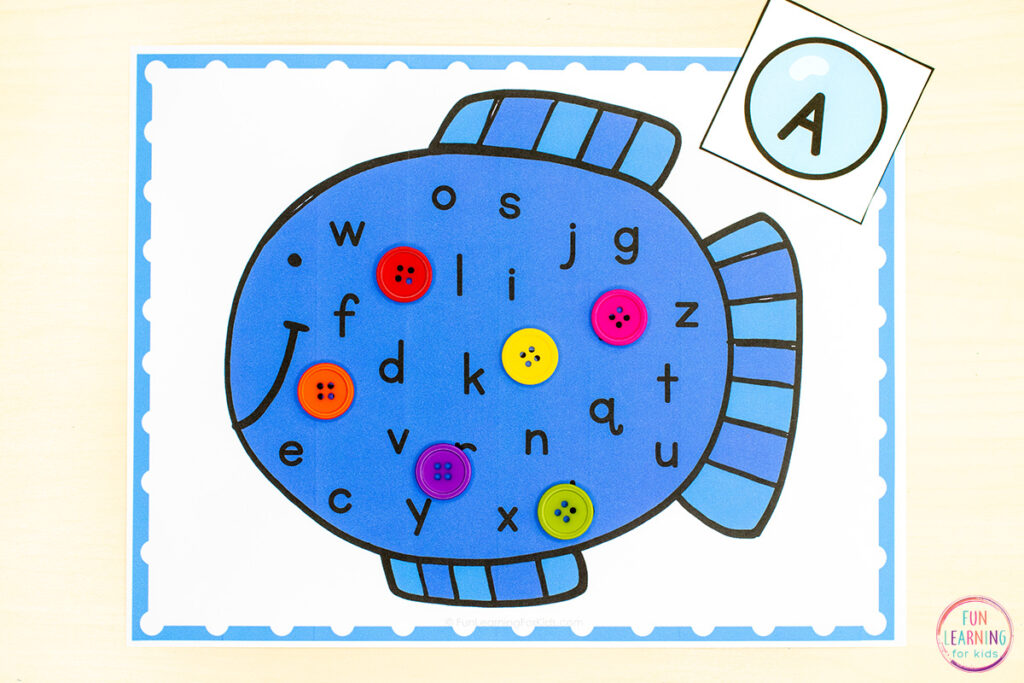 Fish letter recognition and letter matching alphabet activity for summer letter learning.