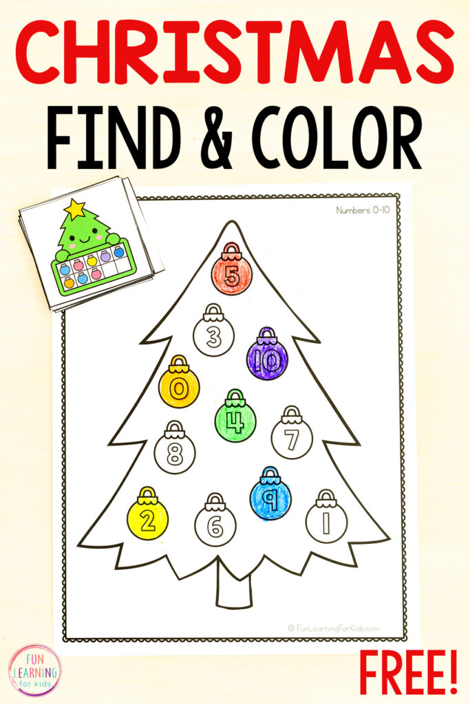 Christmas tree number hunt math activity for preschool, pre-k and kindergarten math centers this holiday season.