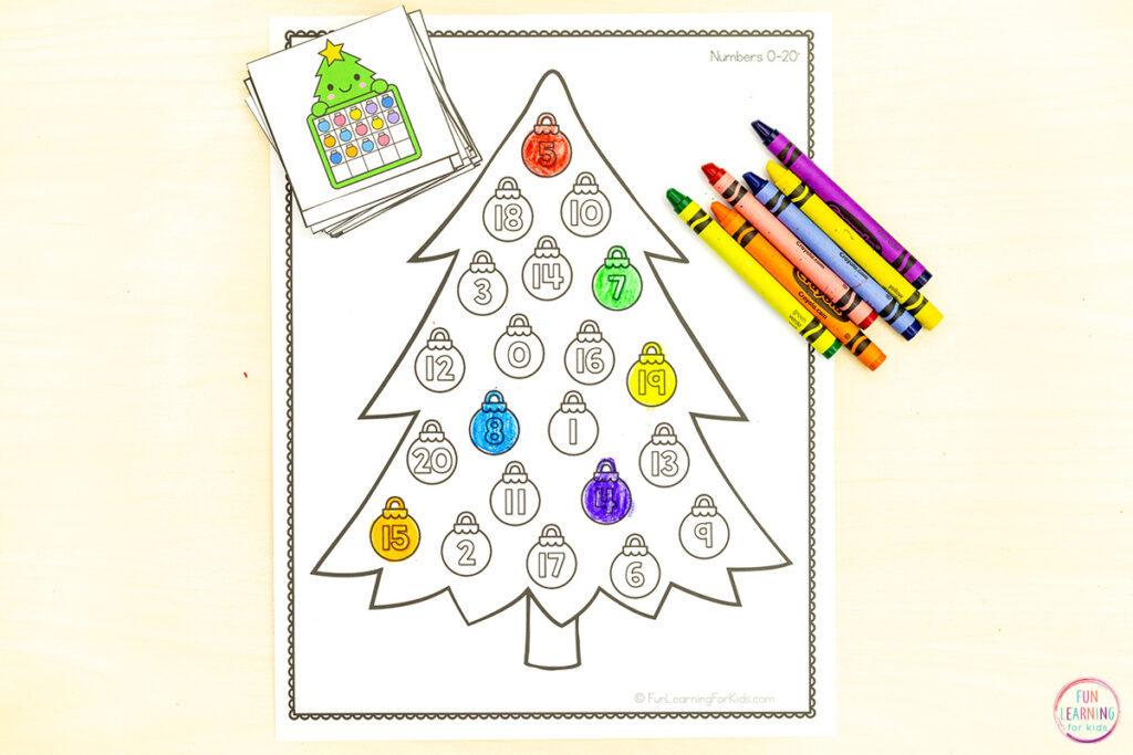 Christmas theme number hunt math activity for kids to build number sense.