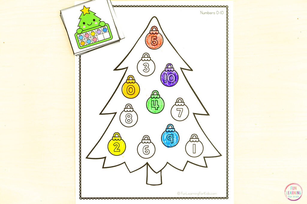 Christmas tree number hunt math activity for kids to build number sense during math centers.
