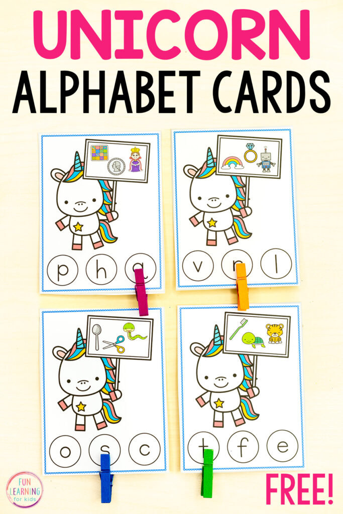 Unicorn alphabet activity for learning letters and beginning letter sounds isolation while building phonics and phonemic awareness.