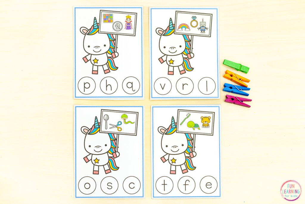 Free printable unicorn alphabet activity for kids to practice letter recognition and learn letter sounds.