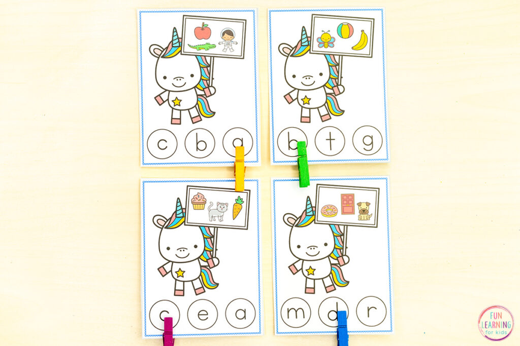 Teach letters and sounds in a fun way with these unicorn theme alphabet task cards.
