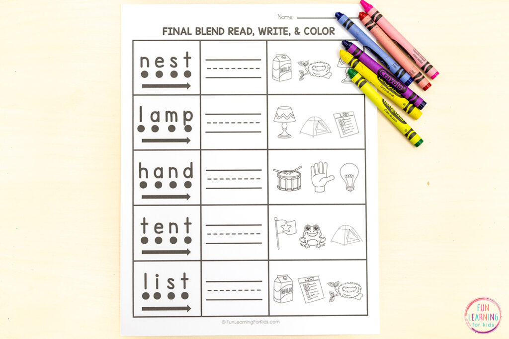 Free printable reading practice worksheets for kids who are learning to read words with consonant blends.