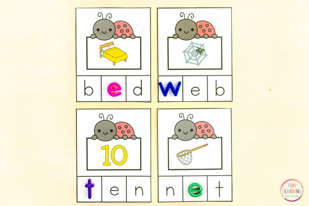 Spring CVC task cards activity for your insect theme literacy centers.