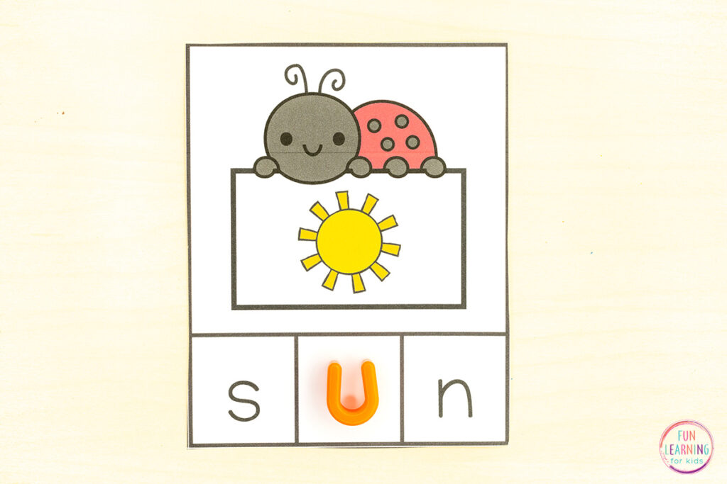 Ladybug CVC phonemic awareness activity for practice with segmenting and blending.