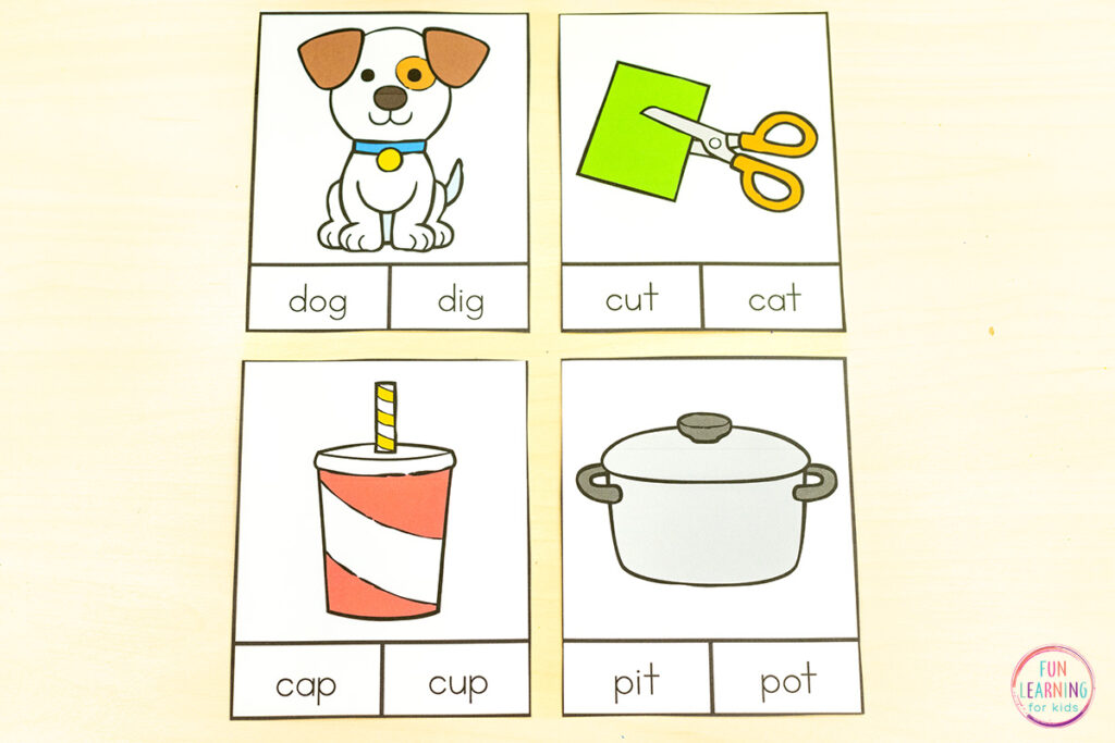 CVC clip cards for learning to blend and segment sounds in words that are alike.