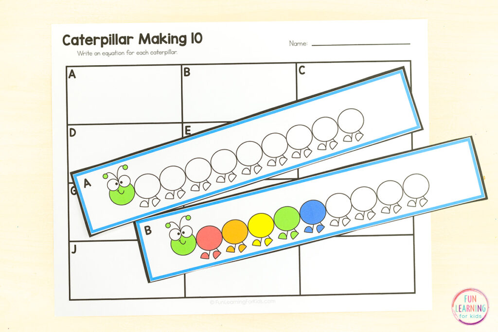 Caterpillar making 10 math activity for kindergarten math lessons this spring.