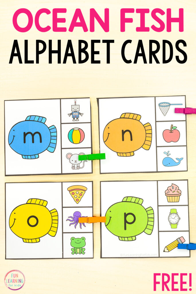Fish theme alphabet activity for practice with letter sounds and beginning sound isolation in kindergarten and pre-k.