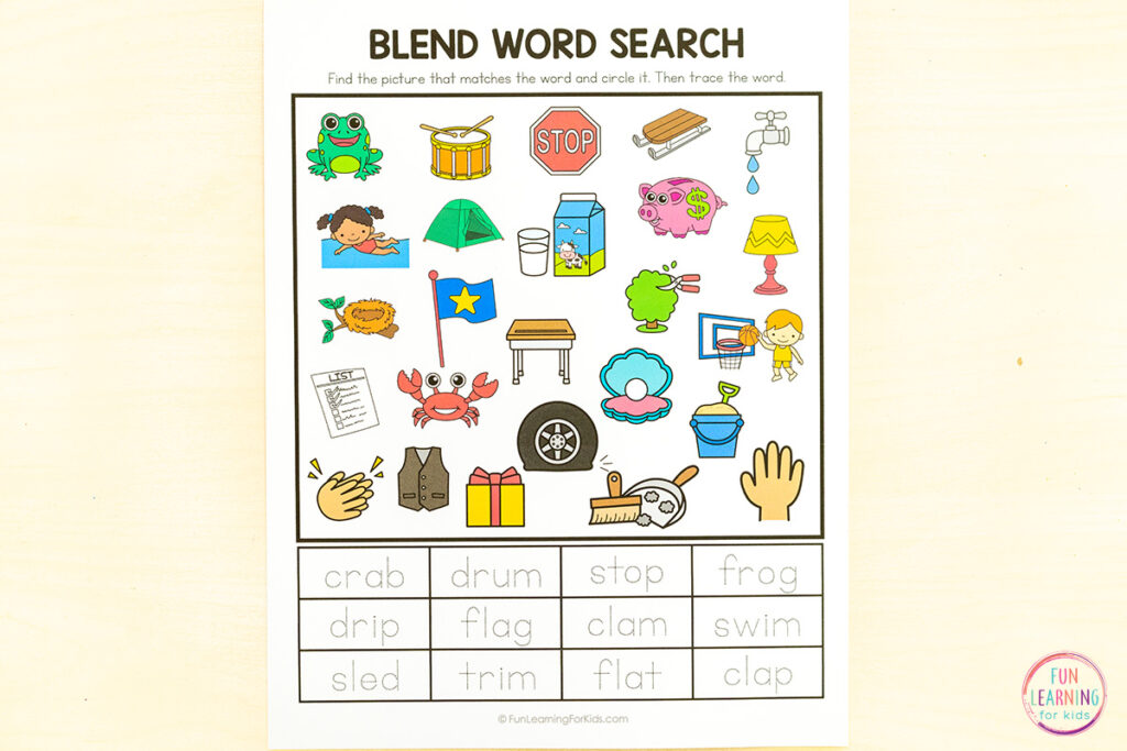 Consonant blends word search for phonics practice with blend words in kindergarten and first grade.