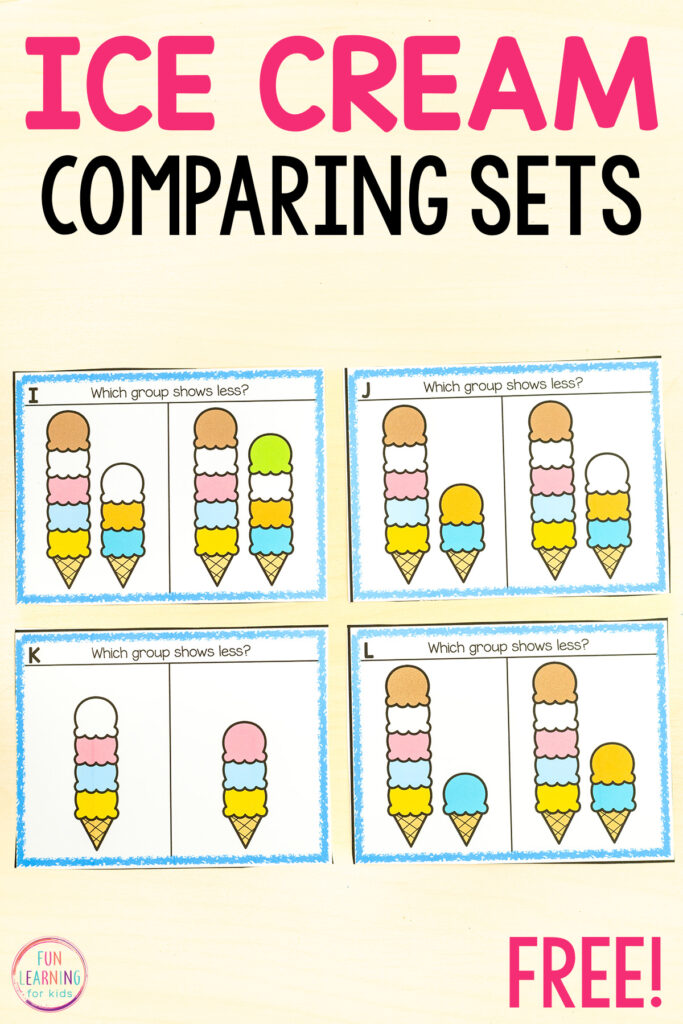 Ice cream cone comparing groups math activity for kindergarten math centers.