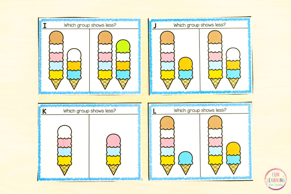 Hands-on comparing sets math activity for summer math practice for kindergarten students.