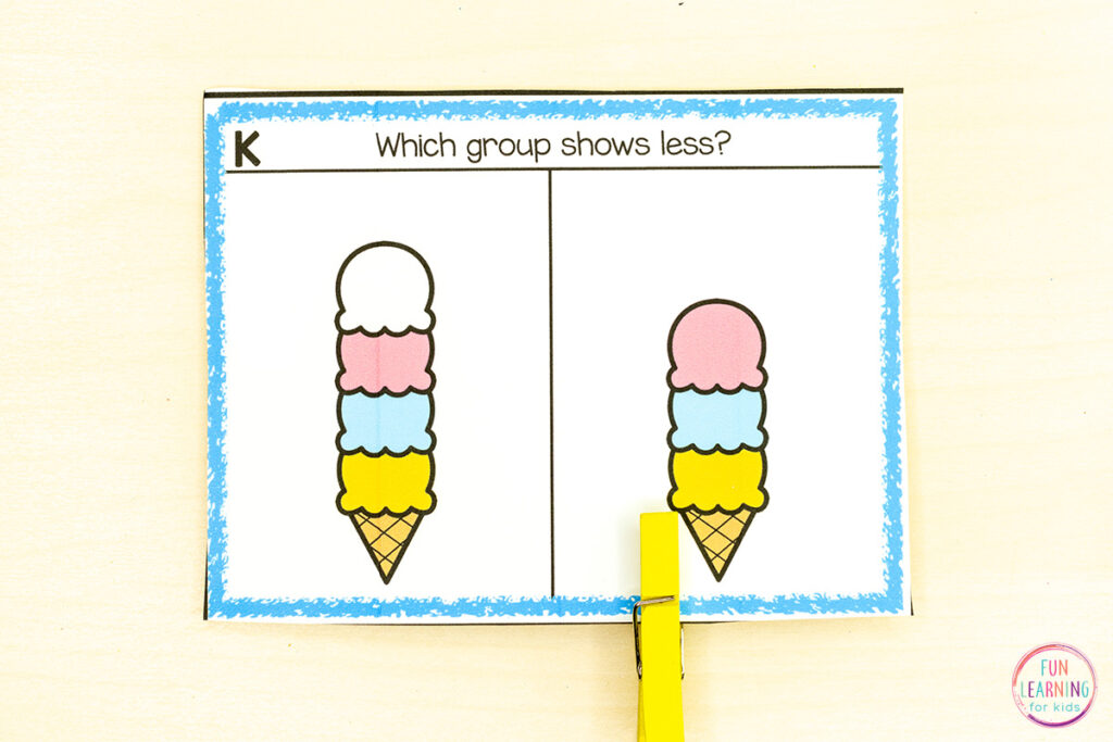 Ice cream theme math centers for practice with comparing two groups of objects.