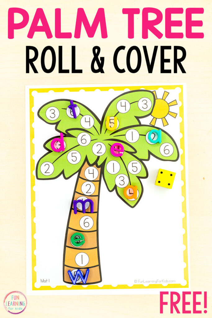 Palm tree roll and cover the number mats for building number sense skills in preschool and kindergarten this summer.