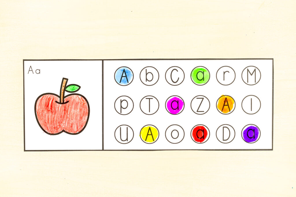 Dot letter strips alphabet activity for kids who are building phonics skills like letter recognition and letter sounds.