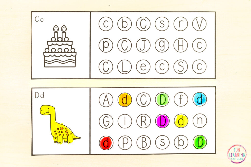 Dot the letter alphabet activity sheets for letter identification practice.