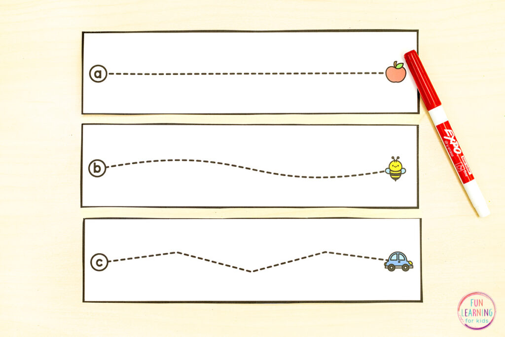 A fine motor alphabet activity for pre-writing skills practice in preschool, pre-k and kindergarten.