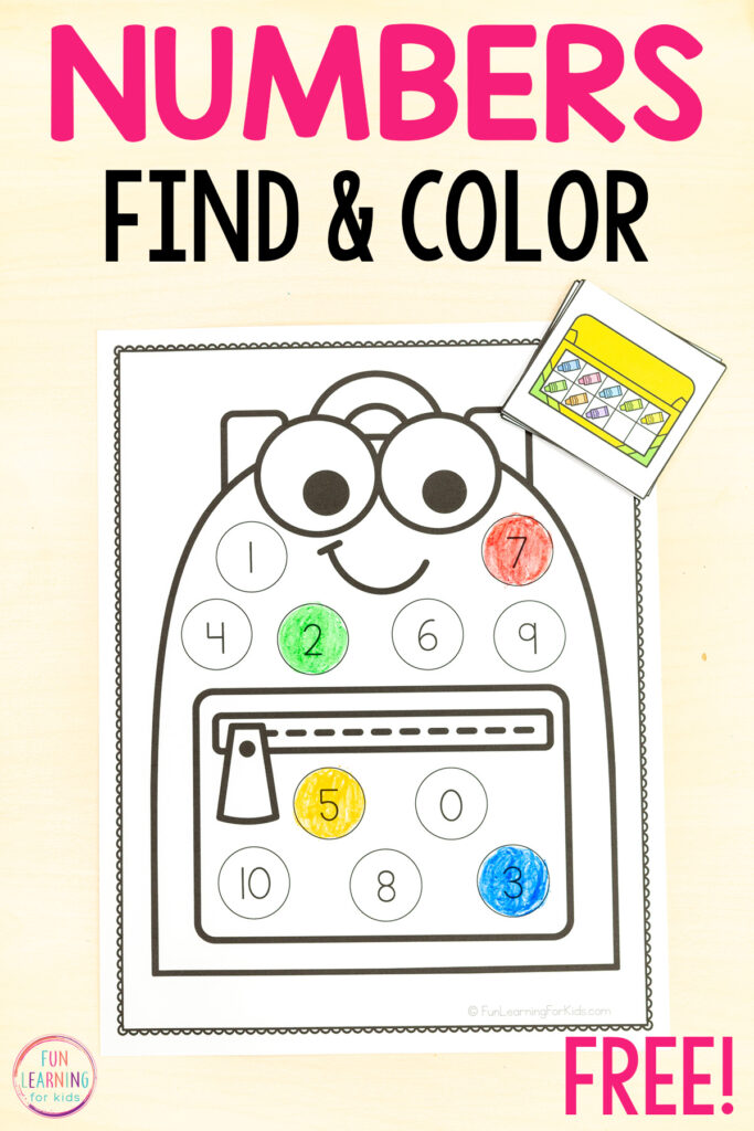 Back to school find and color the number math activity that builds number sense in pre-k and kindergarten.