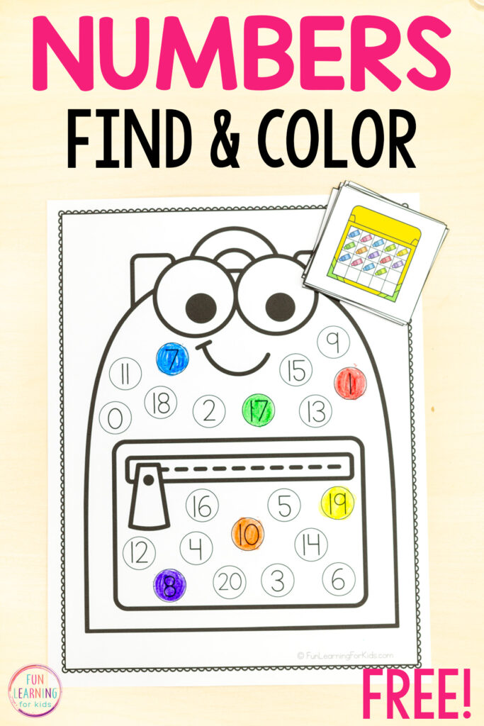 Back to school number sense activity for kids in preschool and kindergarten. A fun school theme number hunt.