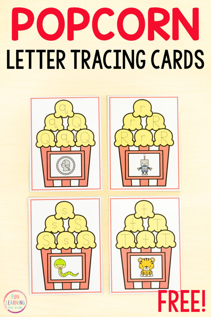 Popcorn alphabet letter formation tracing cards for pre-k and kindergarten literacy centers.