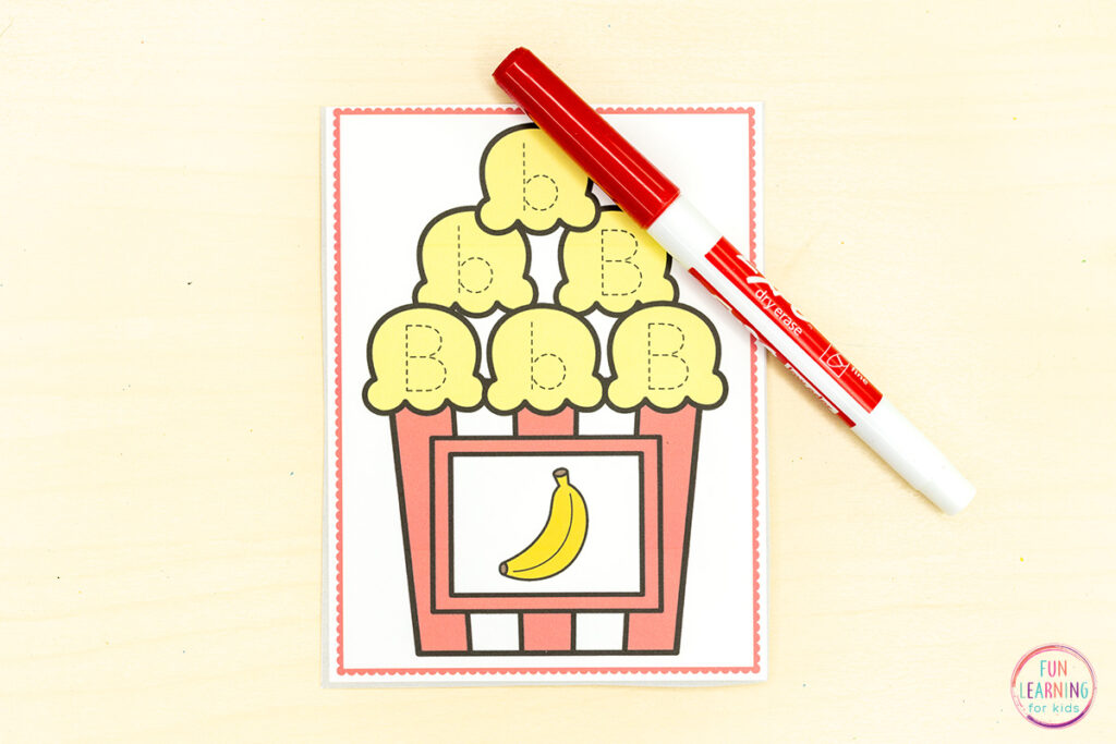 Popcorn letter tracing activity for kids in preschool and kindergarten.