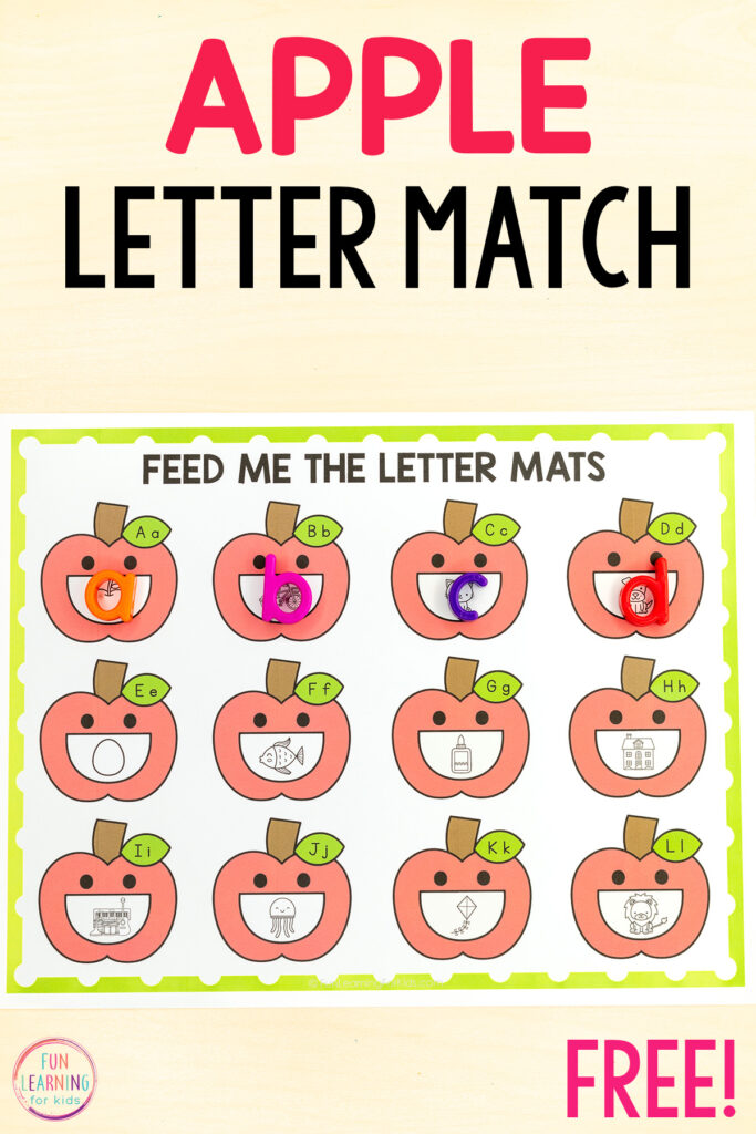 Apple theme alphabet activity for learning letters and sounds. Perfect for fall literacy centers.