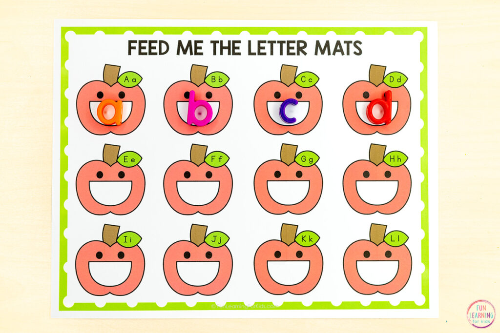 Free printable apple alphabet matching mats for practice with letter identification and beginning letter sounds.