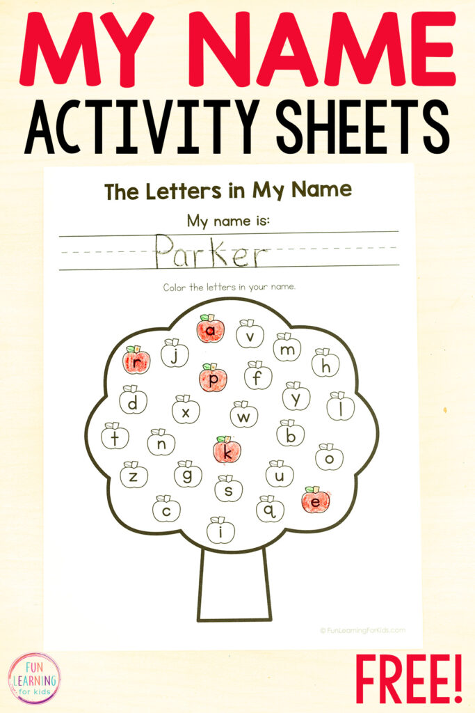 Apple theme name worksheets for kids to learn to read and spell their name.