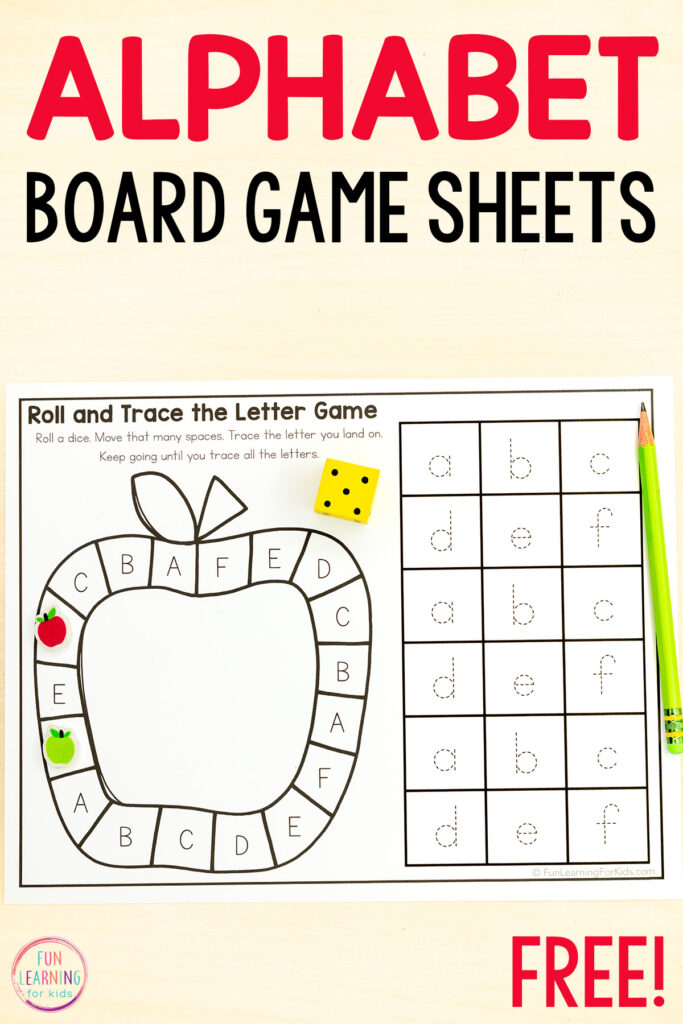 Apple alphabet activity game worksheets for learning letter recognition and letter formation.