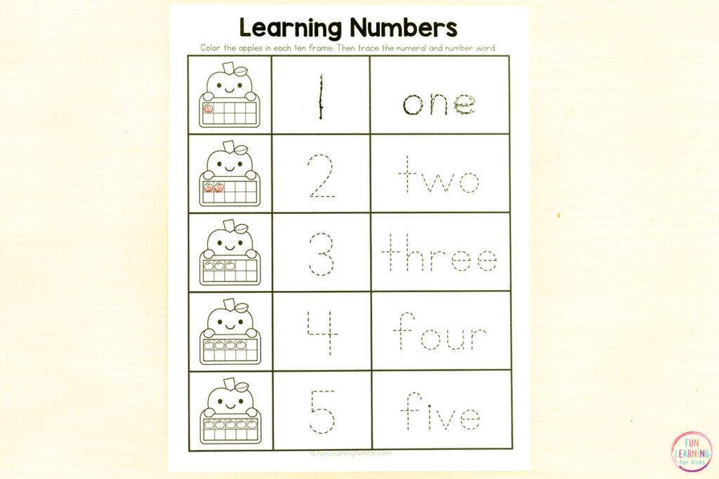 Apple theme number worksheets for building number sense in kindergarten.
