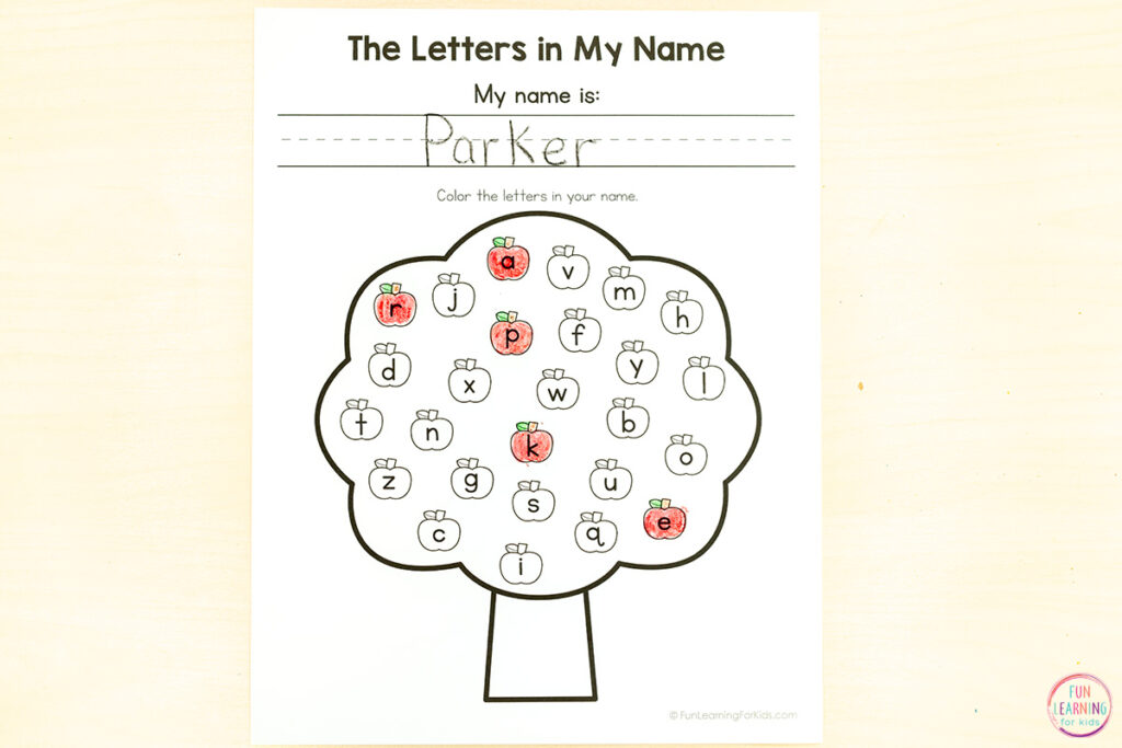 Apple theme name worksheets for preschool and kindergarten.