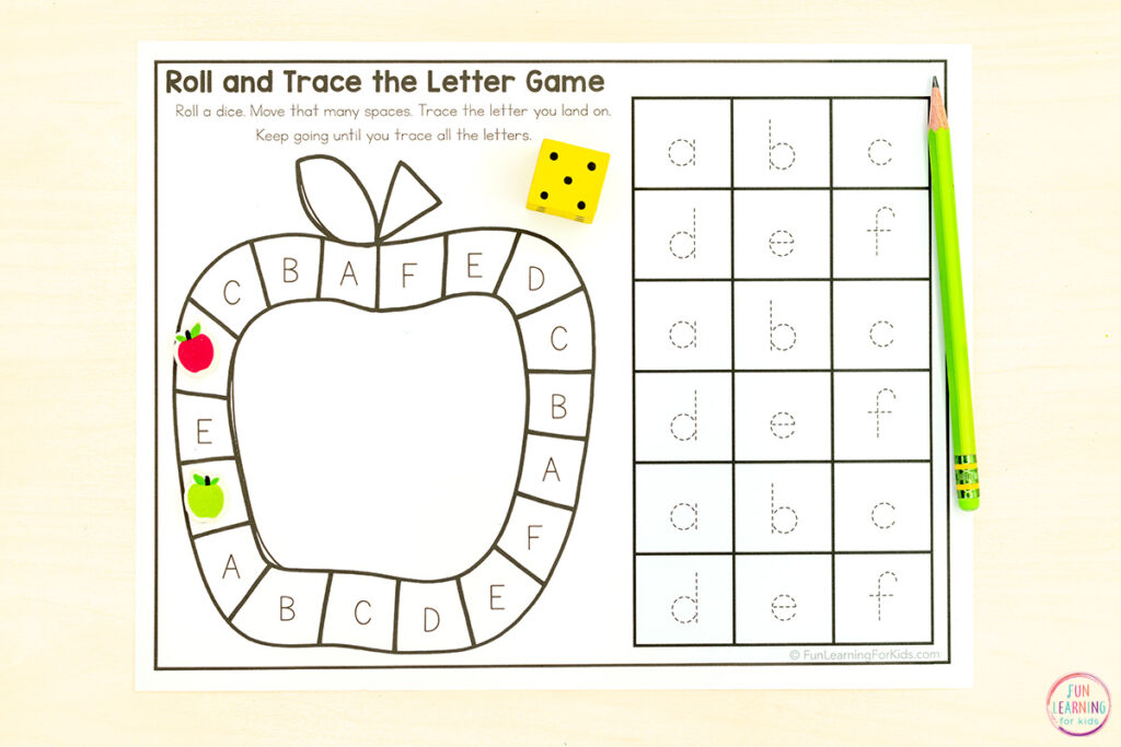 Alphabet board game worksheets letter recognition and letter formation activity for kids to learn letters this fall.