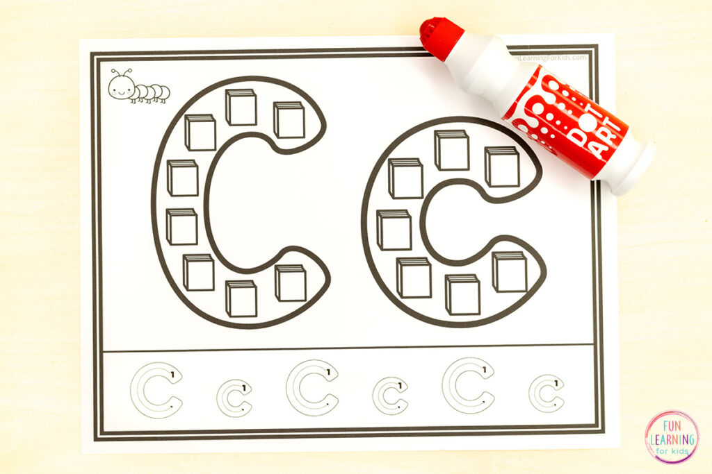 Dot letter alphabet letter recognition worksheets for alphabet centers.