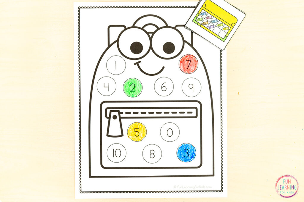 Free printable back to school theme number sense activity for kids.