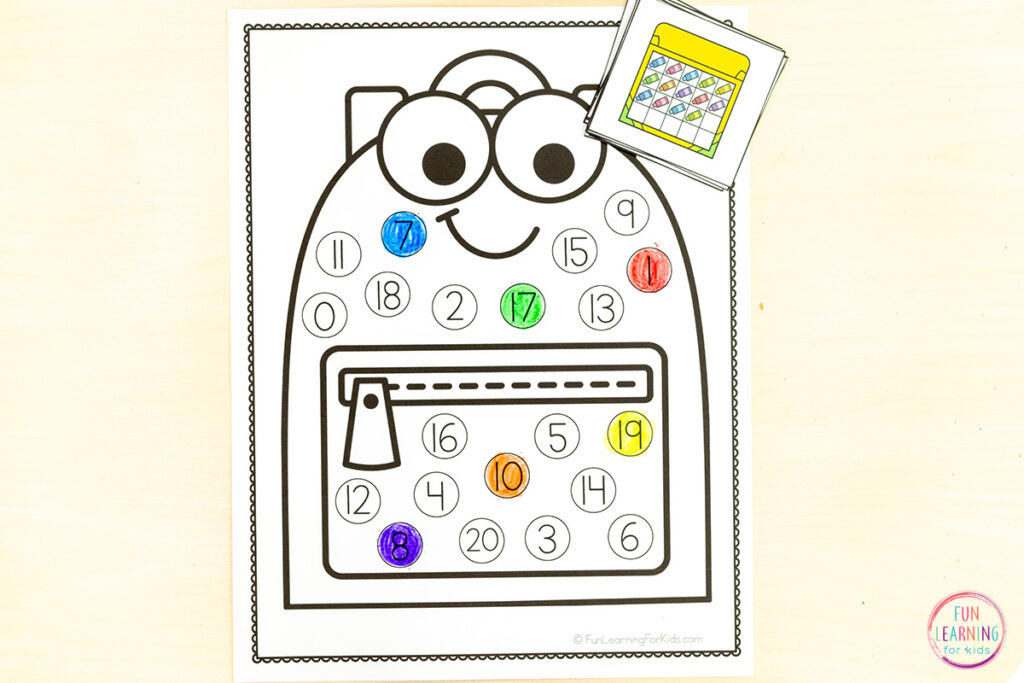 School theme number activity for kids to learn numbers, number recognition and counting.