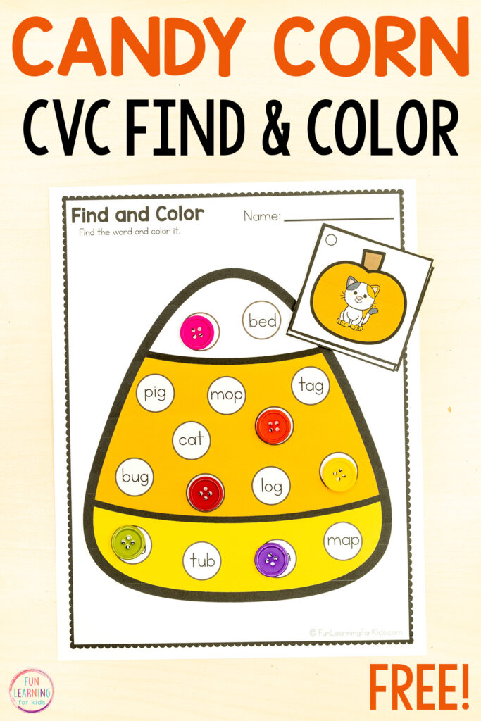 Free printable candy corn CVC reading activity for phonics practice in kindergarten. CVC word hunt activity.