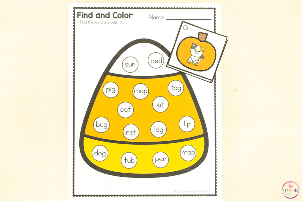 Free printable candy corn CVC activity for phonics practice in October.