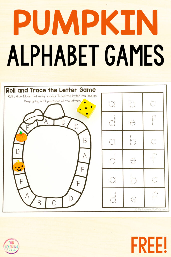 No-prep pumpkin alphabet board game worksheets for fun practice with letter recognition and letter formation.