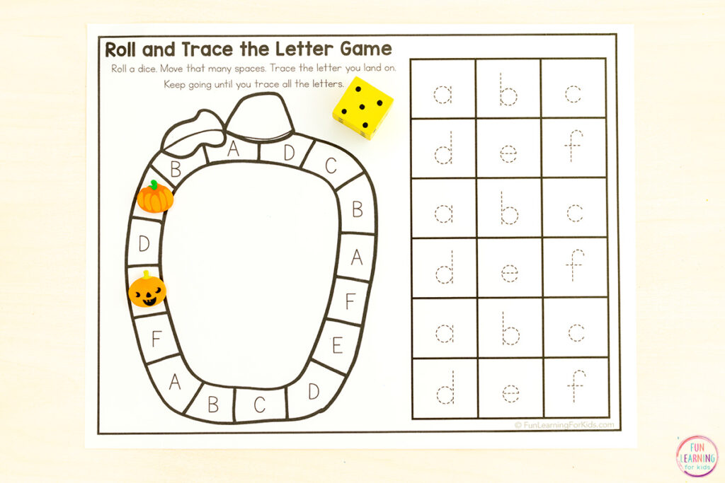 Pumpkin theme alphabet board game for learning letters and letter sounds in a fun way.