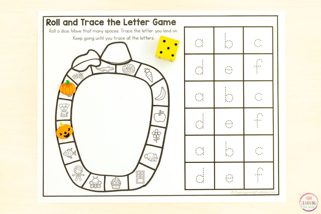 Pumpkin alphabet board game worksheets for learning letters and letter sounds while practicing handwriting.